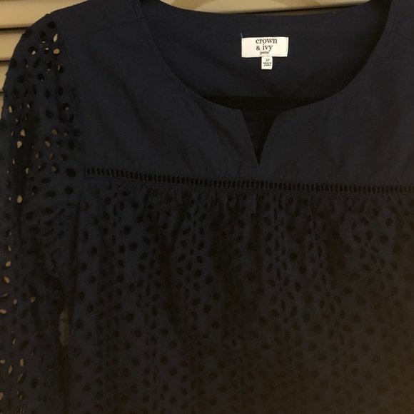 Navy Eyelet Dress with 3/4 Sleeves - Picture 2 of 7